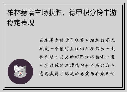 柏林赫塔主场获胜，德甲积分榜中游稳定表现